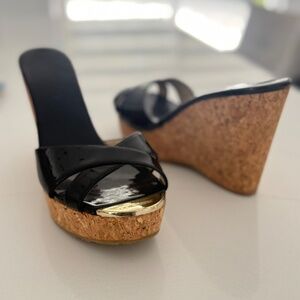 Jimmy Choo Black Patent Leather Prima Wedge Platform Sandals Slip On Shoes